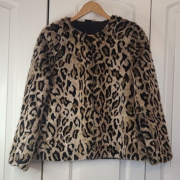 Love Token Faux Fur Round Neck Cropped Jacket Leopard Print Size S - Picture 1 of 10